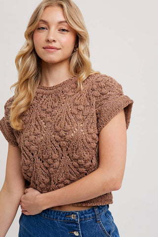 KNIT SWEATER SHORT SLEEVED PULLOVER: NATURAL / L