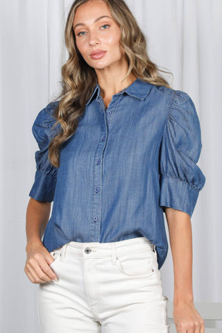 Collared Puff Sleeve 100%Tencel Chambray Shirt VT81707K: Light Denim / L
