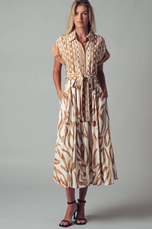 Abstract Print Button-Down Midi Dress: NAVY / S-2/M-2/L-2
