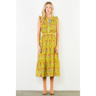 Floral Tiered Long Dress: GREEN / XS-S-M-L(1-2-2-1)