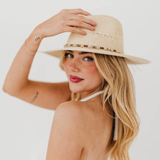 Isabella Woven Beaded Band Straw Sun Hat: Beige