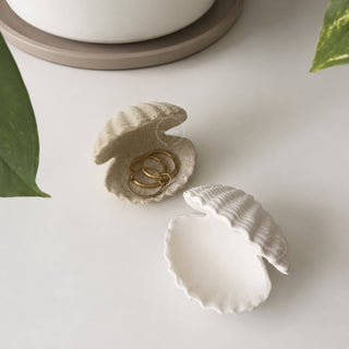Handcrafted Sea Clam Shell Ring Box: Beige + Mother of Pearl Terrazzo