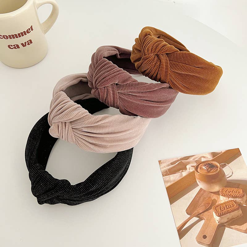 Corduroy Metallic Detail Wide Knot Headband: Taupe