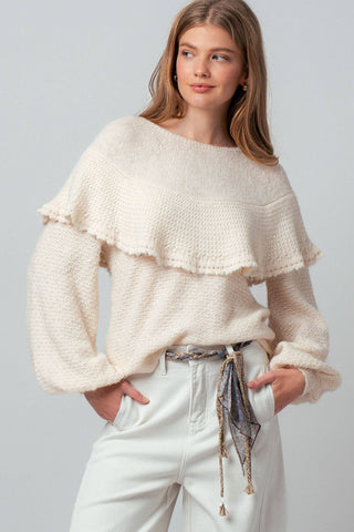 Ruffle Yoke Blouson Sleeve Knit Sweater: NATURAL / S-M-L:2-2-2