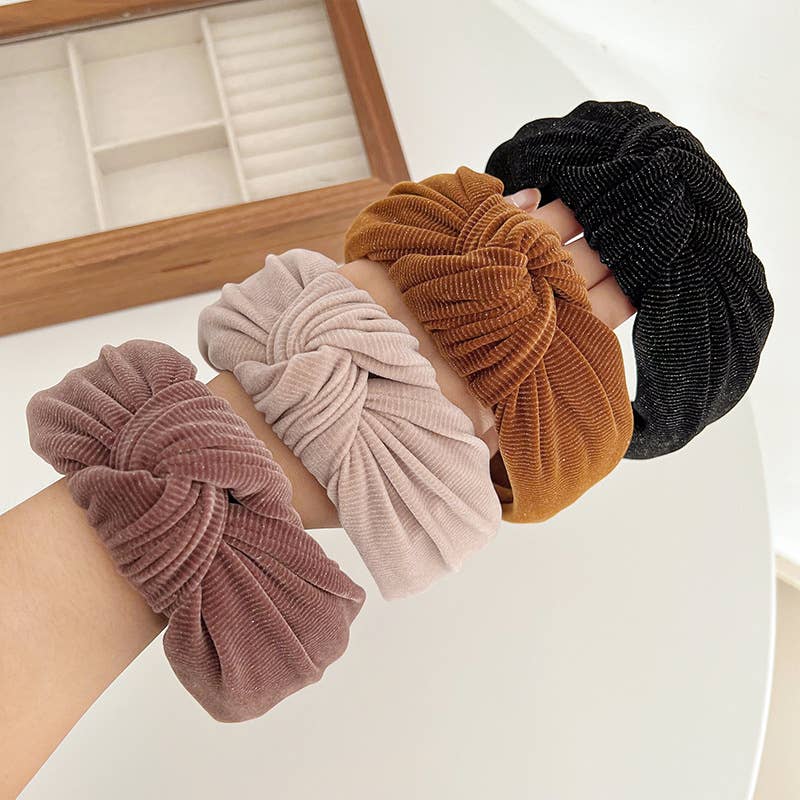Corduroy Metallic Detail Wide Knot Headband: Taupe