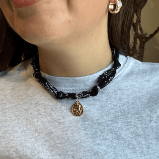 Navy Bandana Necklace: Silver Oversized Heart Charm / Navy