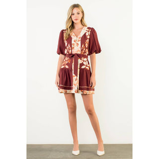 Puff Sleeve Button Up Dress: BURGUNDY / XS-S-M-L(1-2-2-1)