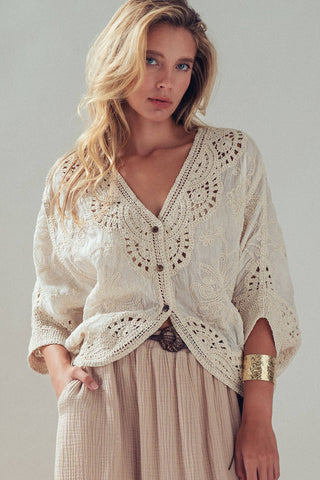 Floral Embroidered Lace Button Front Top: NATURAL
