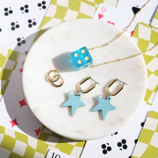 Aqua Blue Dice Charm Necklace: Gold