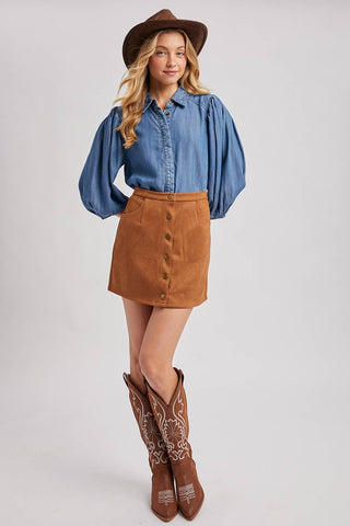 DENIM BUTTON DOWN PUFF SLEEVED SHIRT: LT.WASH / M