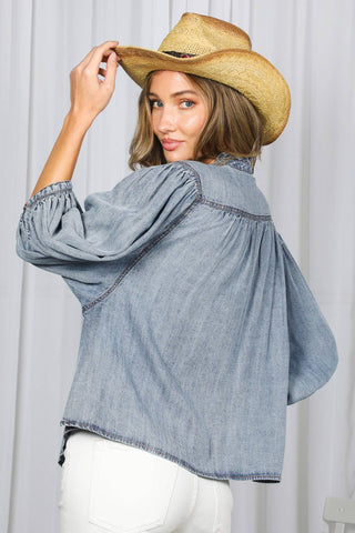 Ruffle Neck 100% Tencel Chambray Washed Denim Shirt VT83327: Washed Denim / S