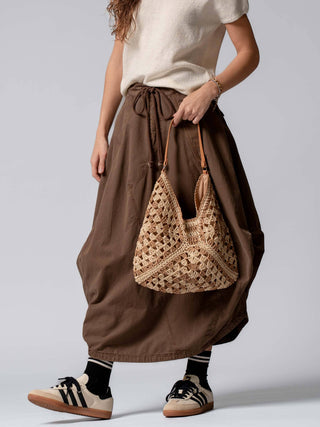 Diamond Pattern Crochet Hobo Bag with Leather Strap: TAUPE