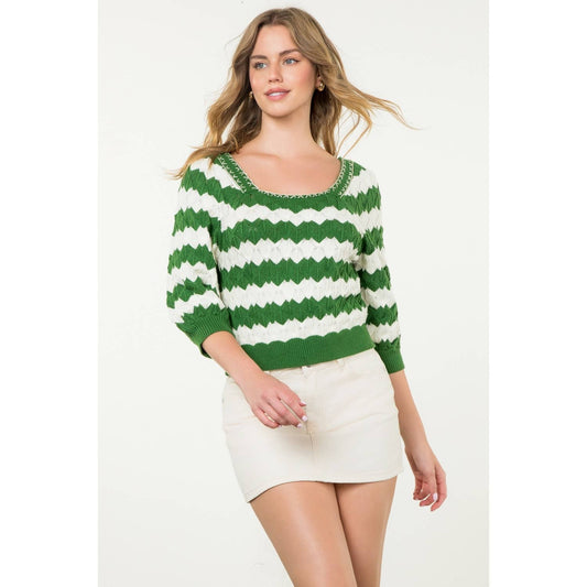 Short Sleeve Pattern Knit Top: GREEN