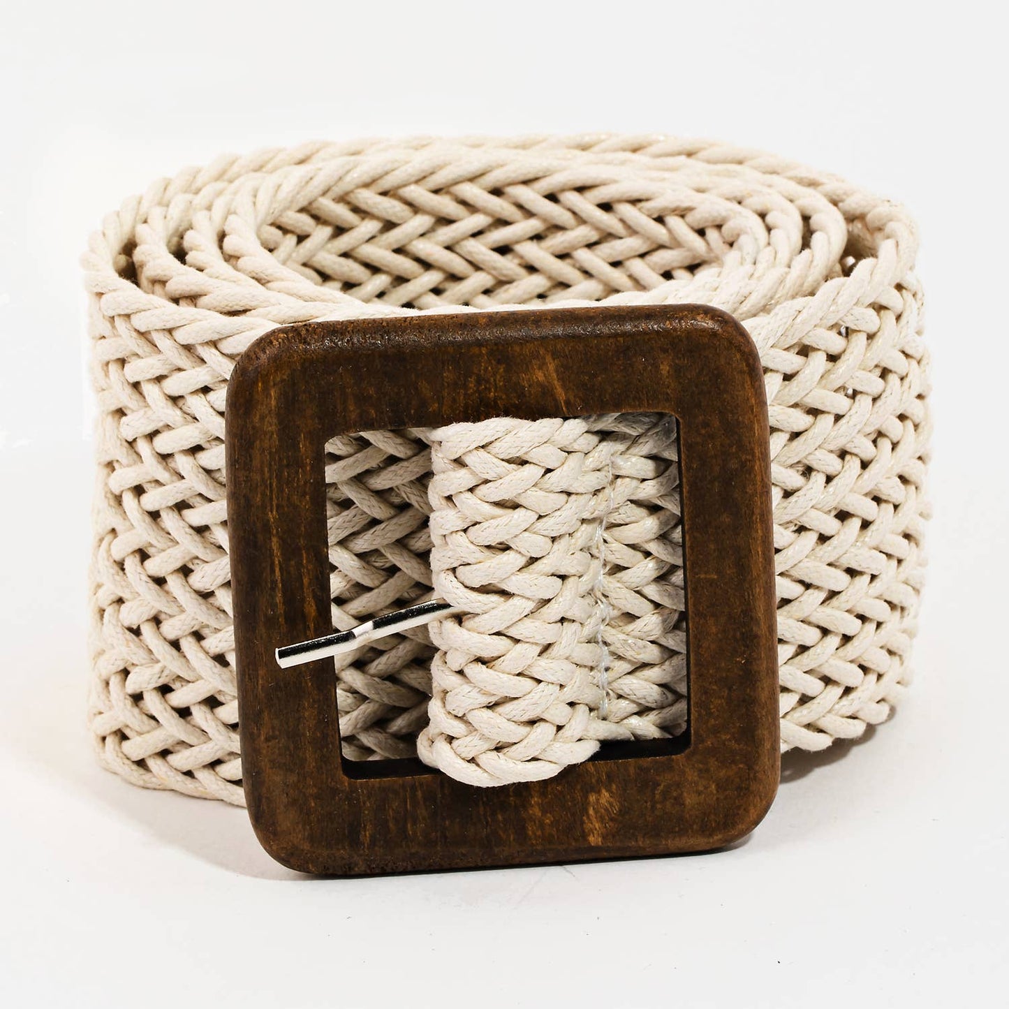 Wooden Square Buckle Braided Belt: Brown