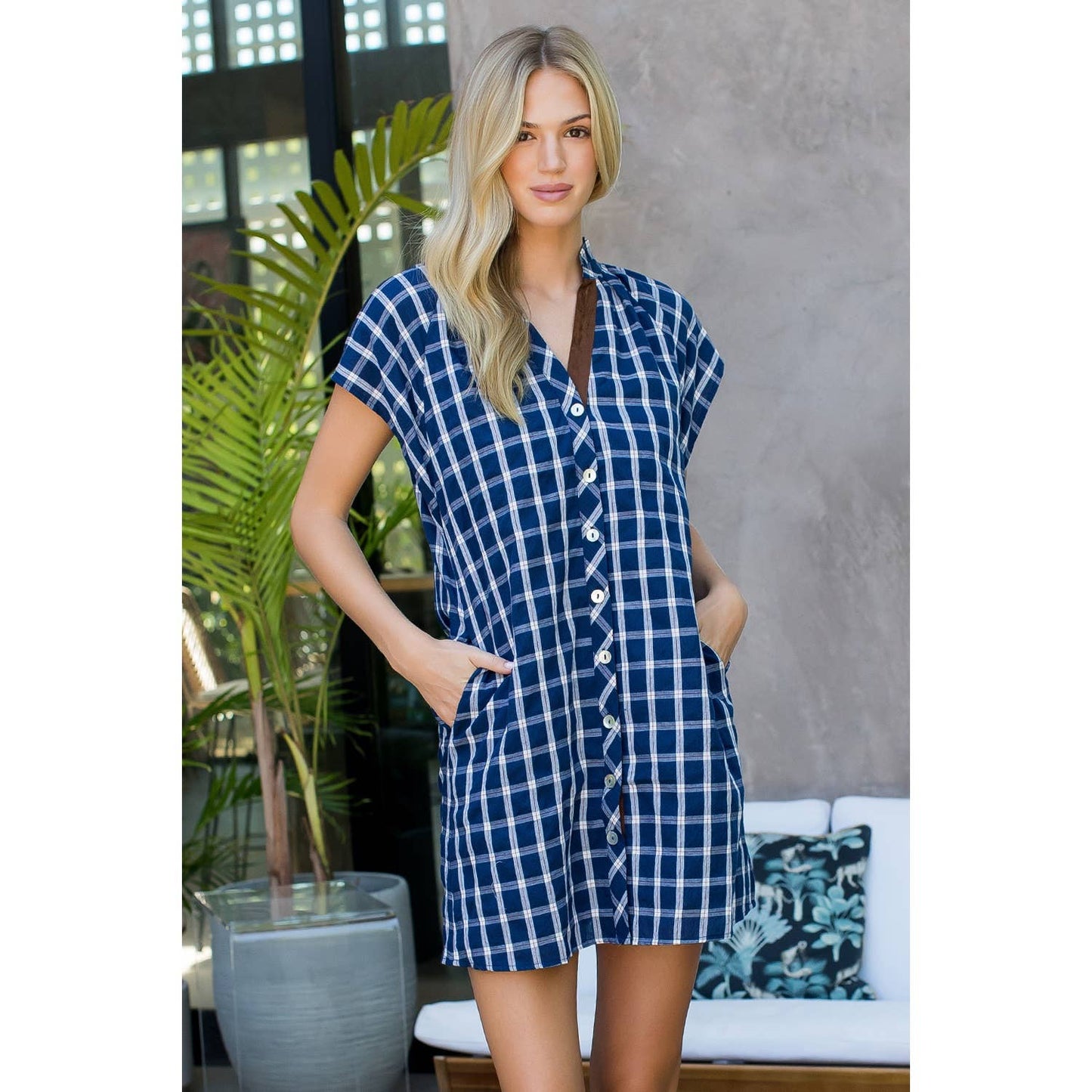 Plaid Button Front Short Sleeve Dress: NAVY / XS-S-M-L(1-2-2-1)
