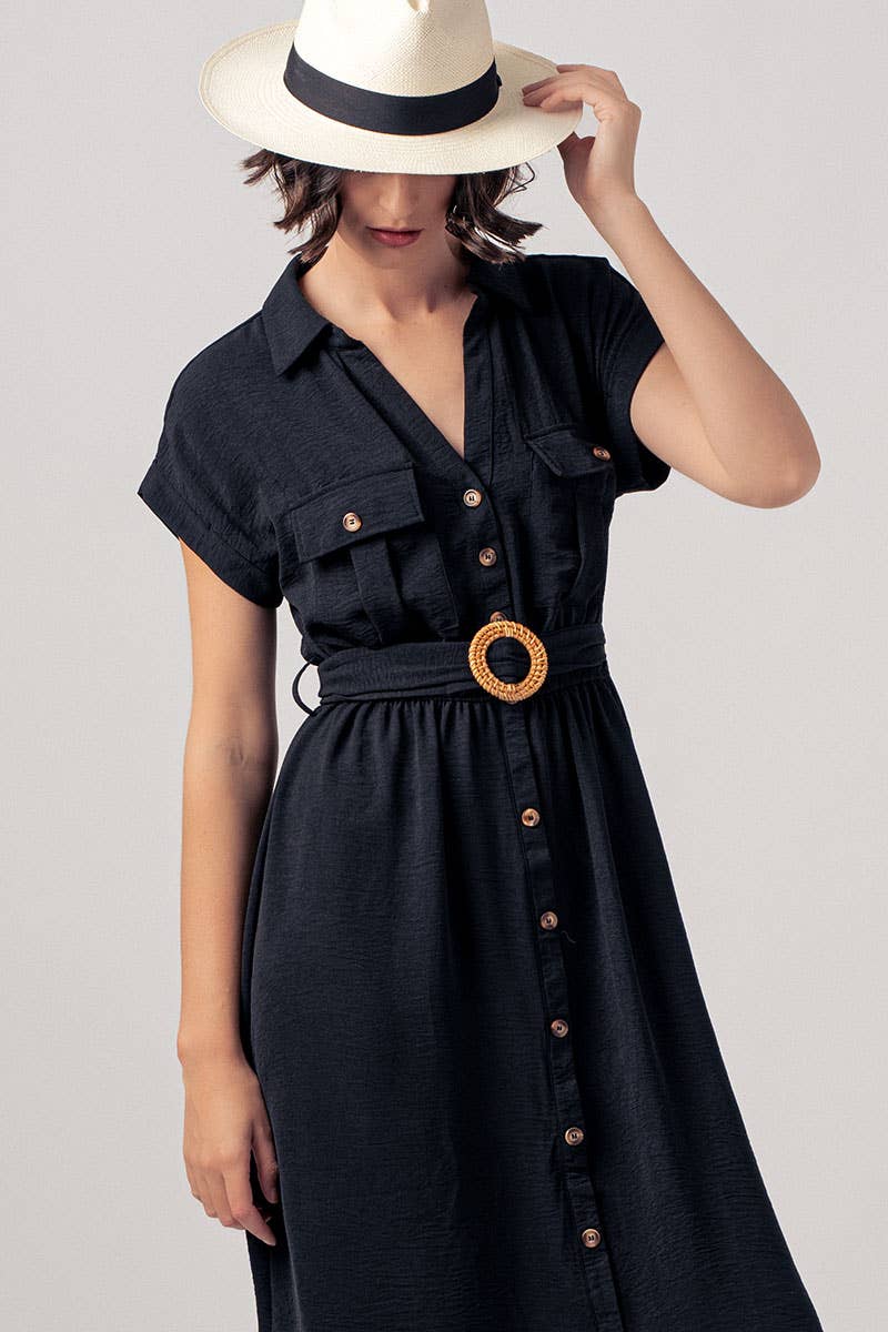 Stationary Icon Midi Shirt Dress: BLACK / S-2/M-2/L-2