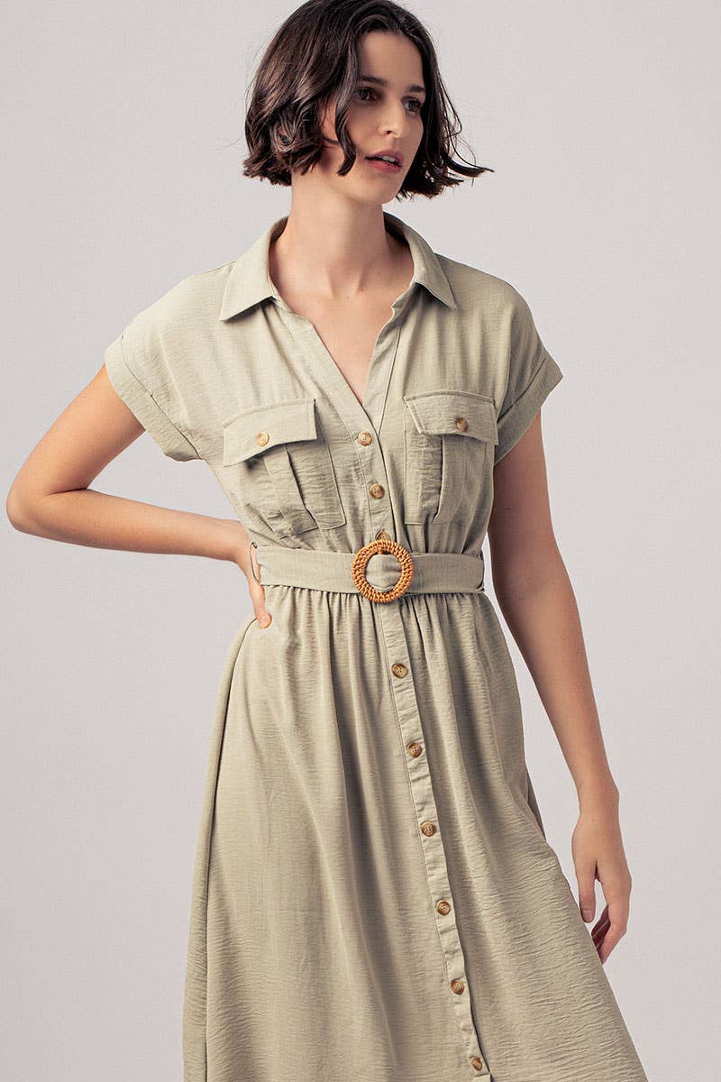 Stationary Icon Midi Shirt Dress: LT KHAKI / S-2/M-2/L-2