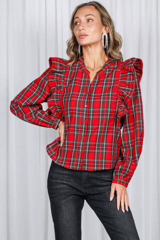 Madison Lace Trim Ruffle Accent Plaid Blouse