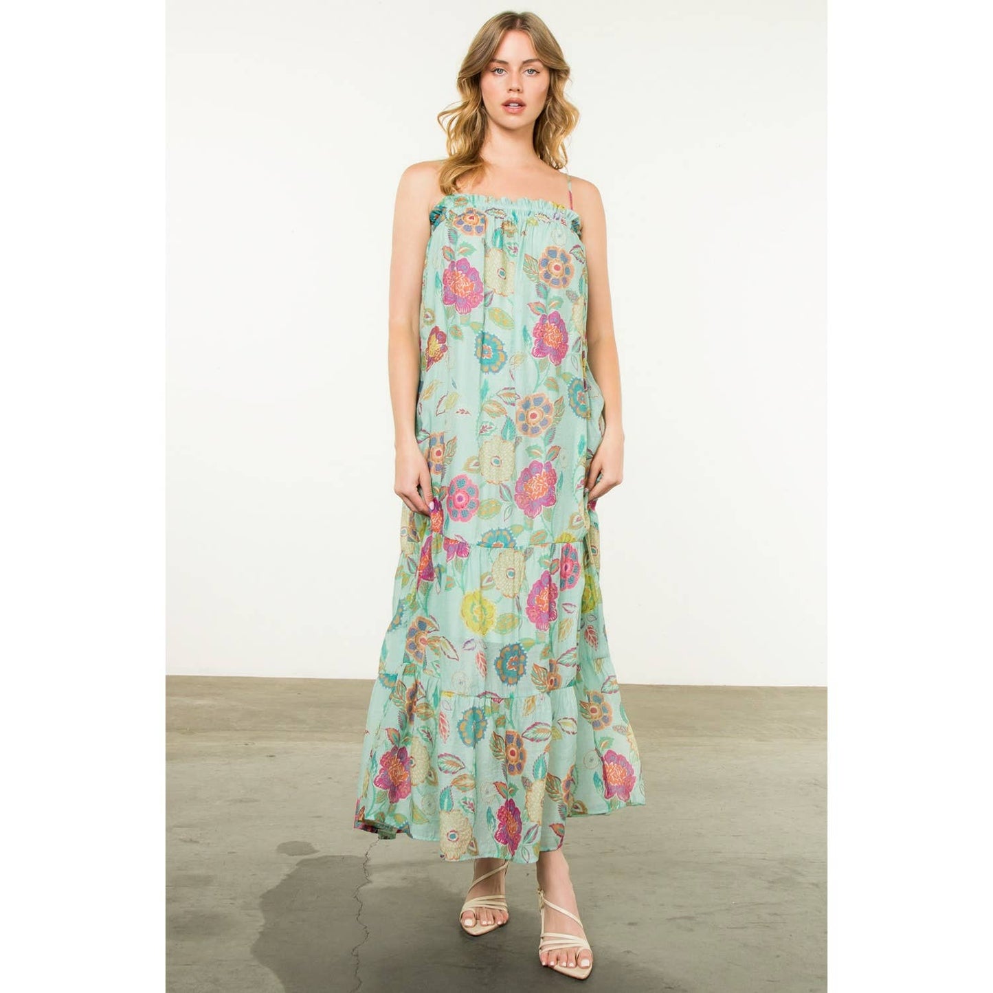 Ansley Strap Tie Floral Maxi Dress: MINT