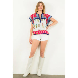 Logan Striped Floral Flutter Sleeve Top: MAGENTA