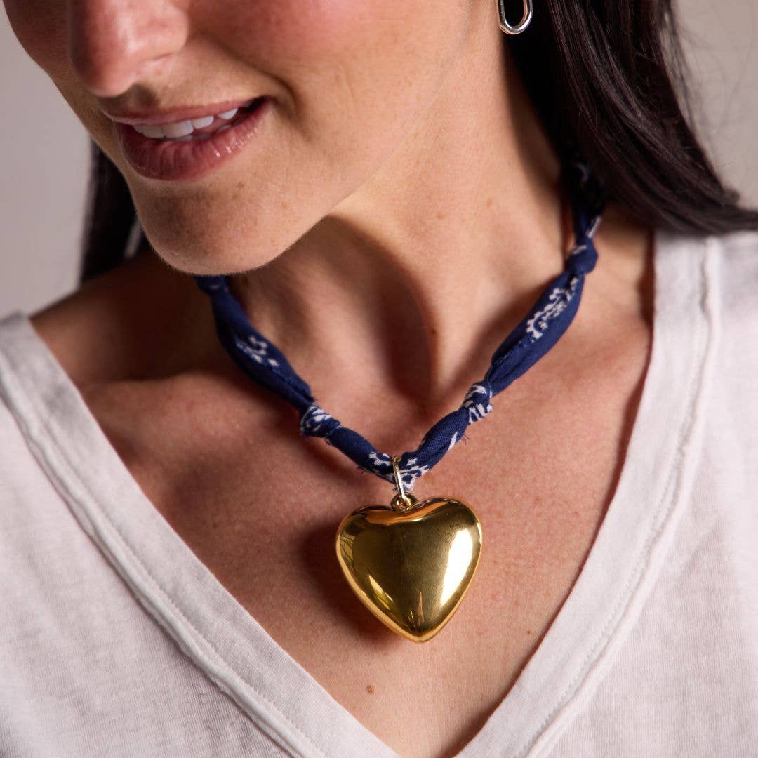 Navy Bandana Necklace: Silver Oversized Heart Charm / Navy