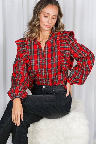 Madison Lace Trim Ruffle Accent Plaid Blouse