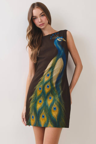 CD07499-Peacock Print Mini Dress: CHOCOLATE / L