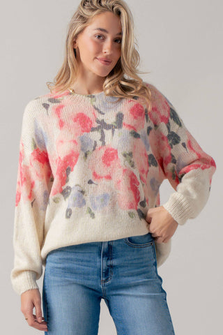 Oversized Floral Print Soft Knit Sweater: CREAM MULTI / SM-ML (3-3)