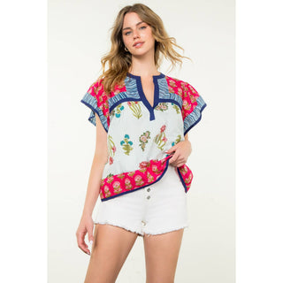 Logan Striped Floral Flutter Sleeve Top: MAGENTA