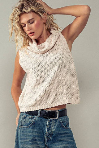 Taylor Sleeveless Cowl Neck Crochet Top: CREAM