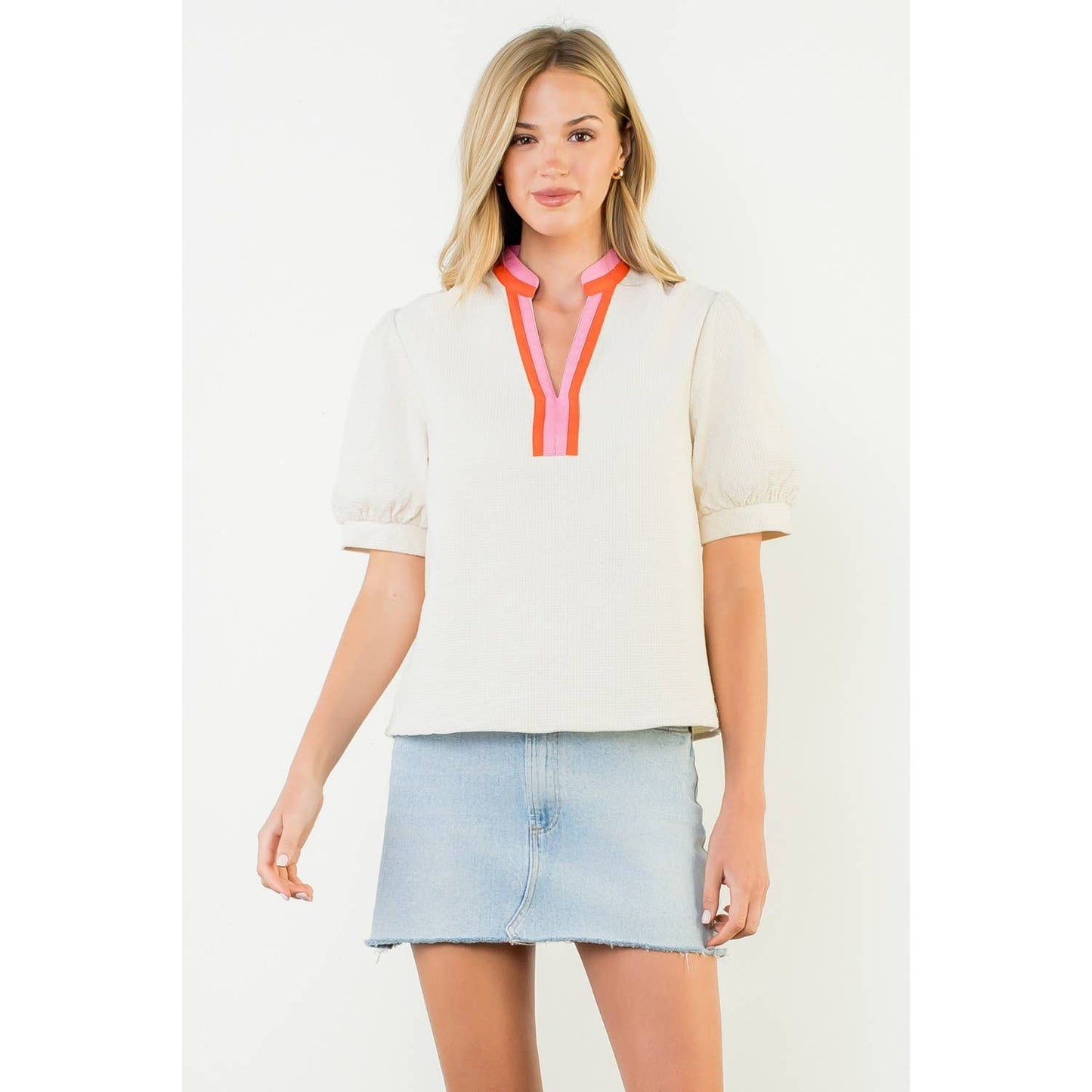 Breckan Puff Sleeve Textured V-Neck Top
