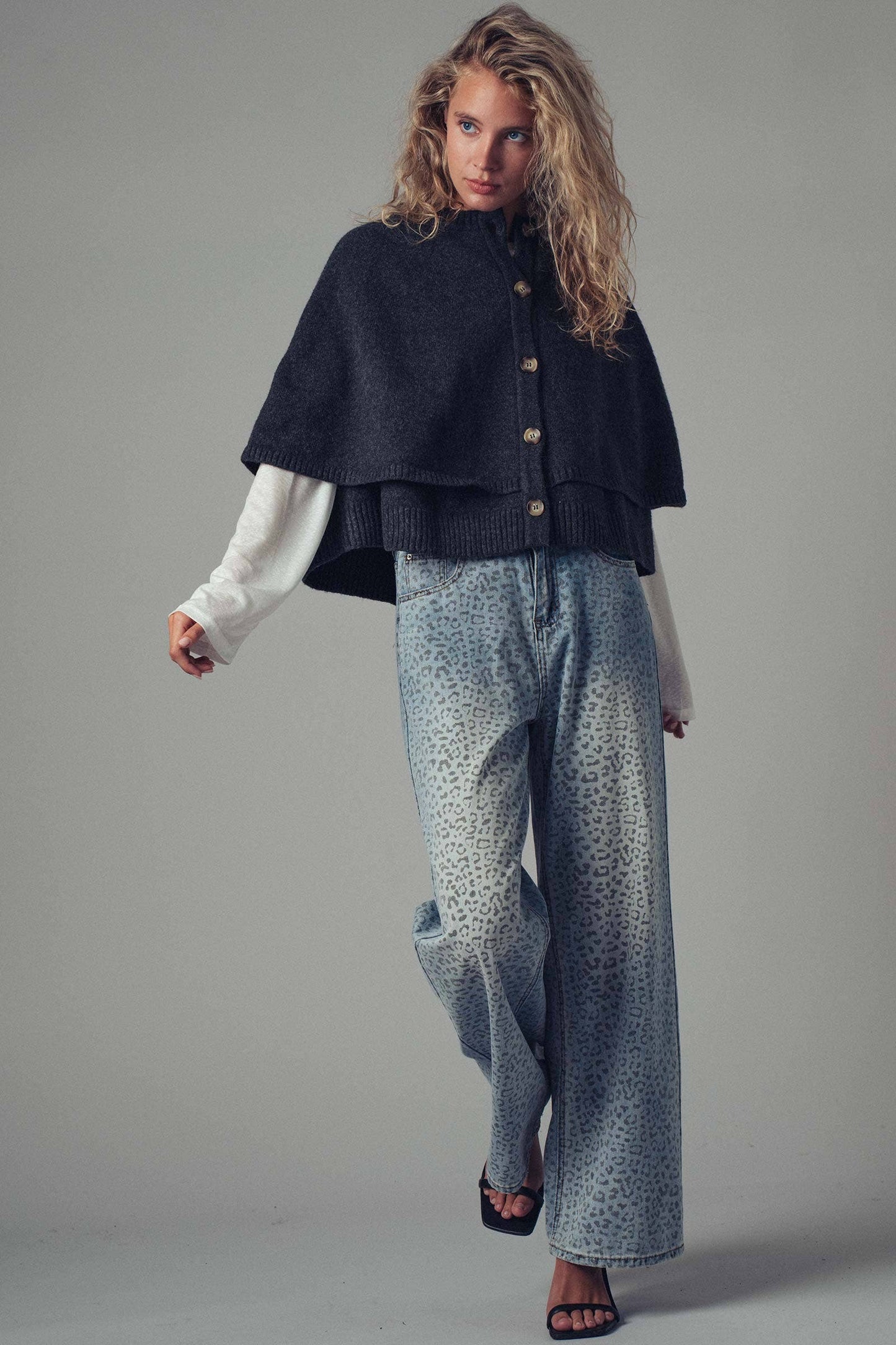 Chloe Button-Front Sweater Cape: CHARCOAL