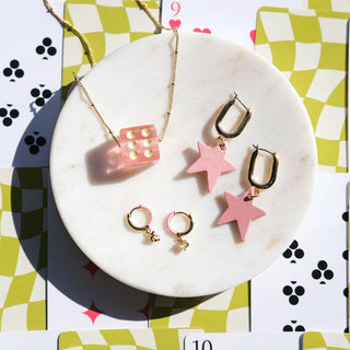 Pink Dice Charm Necklace: Gold