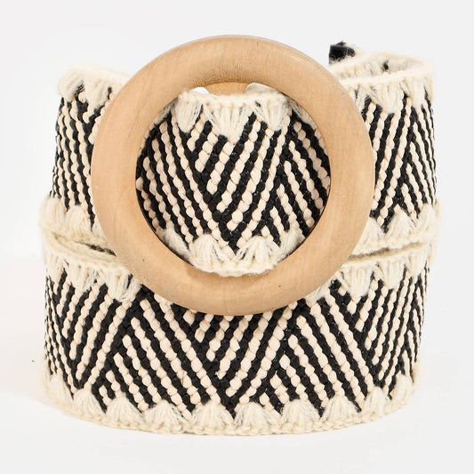 Wooden Round Buckle Braided Belt: Black/White