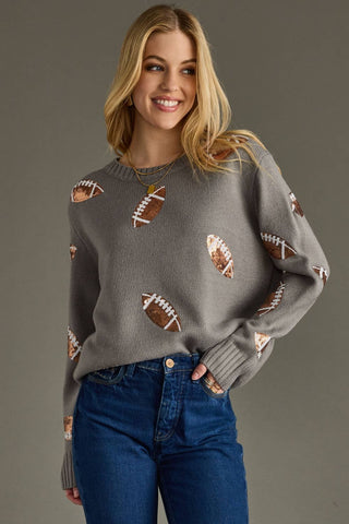 Touchdown Sequin Football Sweater: Gray