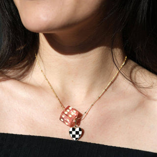 Pink Dice Charm Necklace: Gold