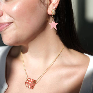 Pink Dice Charm Necklace: Gold
