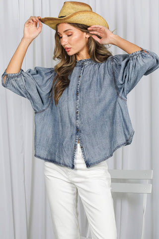 Ruffle Neck 100% Tencel Chambray Washed Denim Shirt VT83327: Washed Denim / S