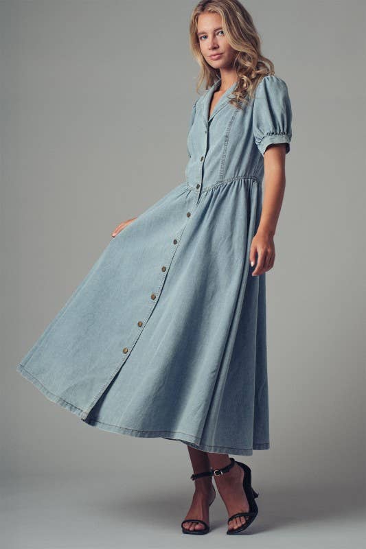 Lydia Button-Down Puff Sleeve Denim Dress