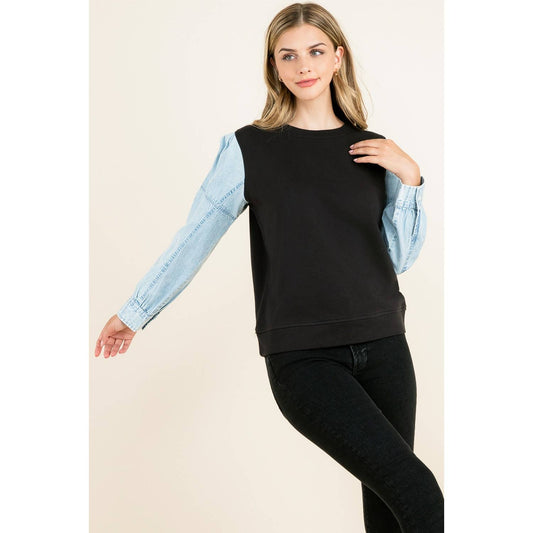 Knit Denim Sleeve Top: BLACK