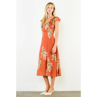Ruffled Floral Dress: ORANGE / XS-S-M-L(1-2-2-1)