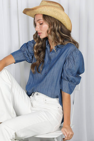 Collared Puff Sleeve 100%Tencel Chambray Shirt VT81707K: Light Denim / S