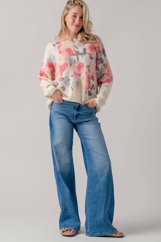 Oversized Floral Print Soft Knit Sweater: CREAM MULTI / SM-ML (3-3)