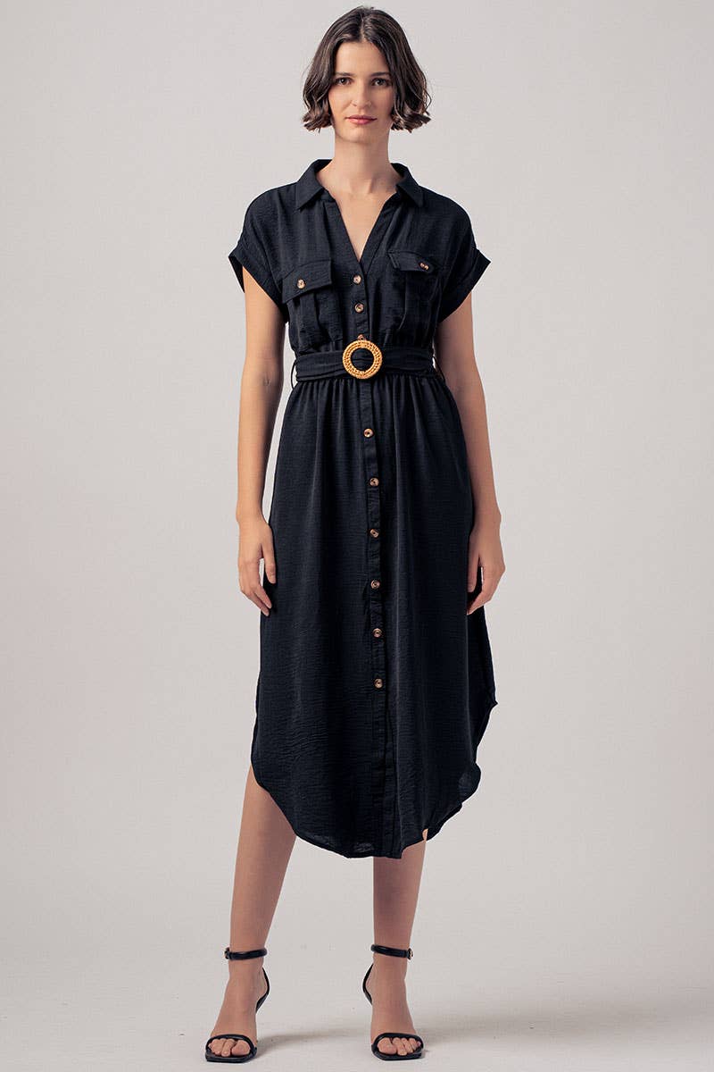 Stationary Icon Midi Shirt Dress: BLACK / S-2/M-2/L-2