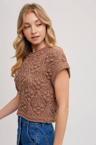 KNIT SWEATER SHORT SLEEVED PULLOVER: NATURAL / L