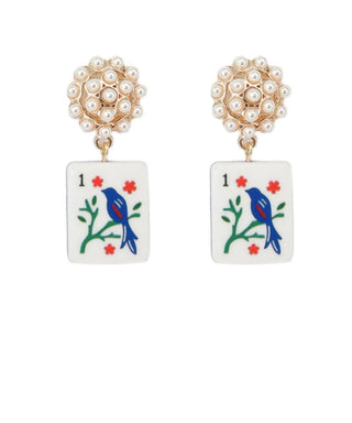 Mahjong Pearl Bam Bird Earrings