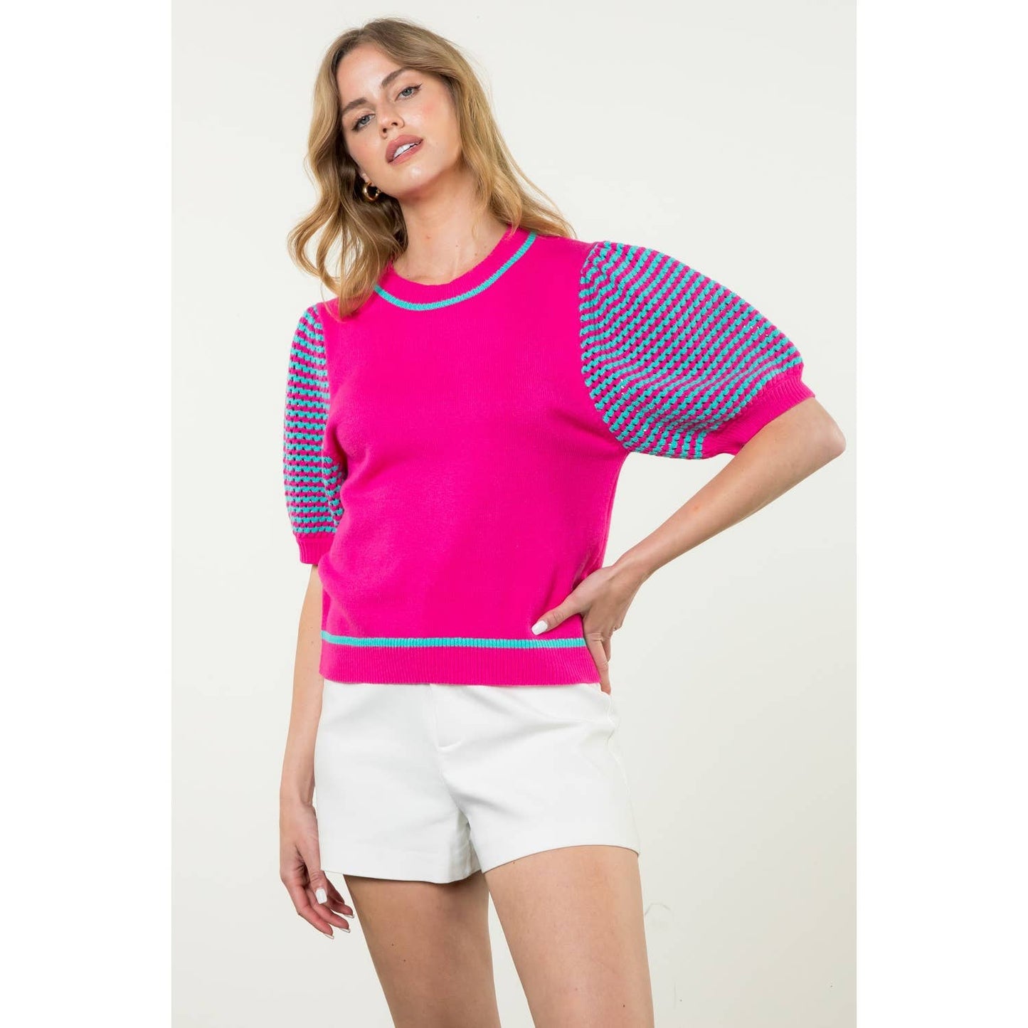 Knitted Puff Sleeve Top: MAGENTA