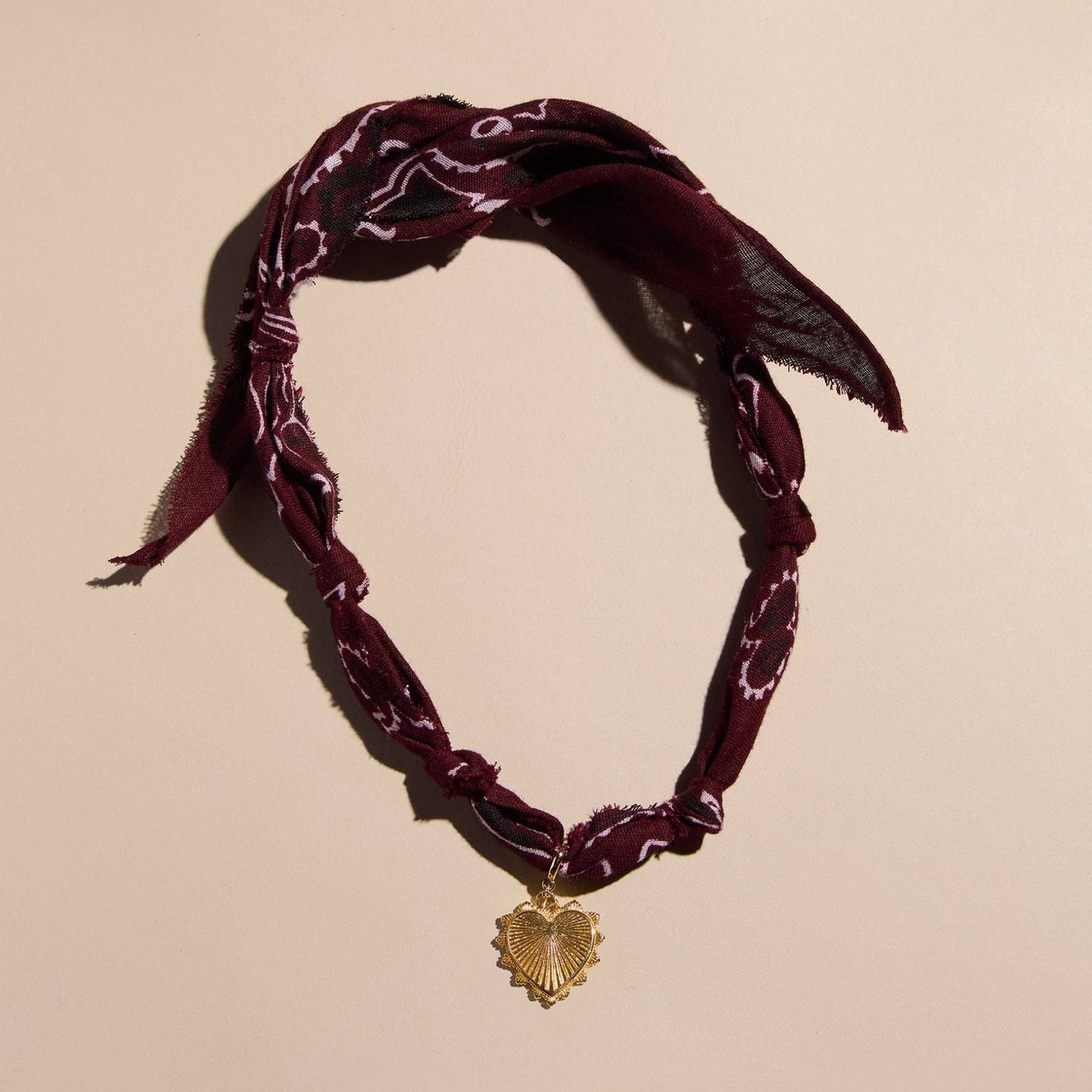 Burgundy Bandana Necklace: Silver Oversized Heart Charm / Burgundy
