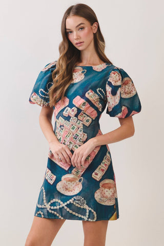 Mahjong Print Shift Mini Dress