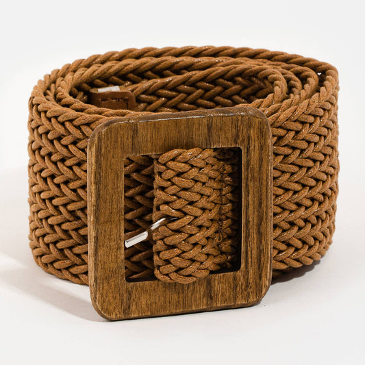 Wooden Square Buckle Braided Belt: Brown